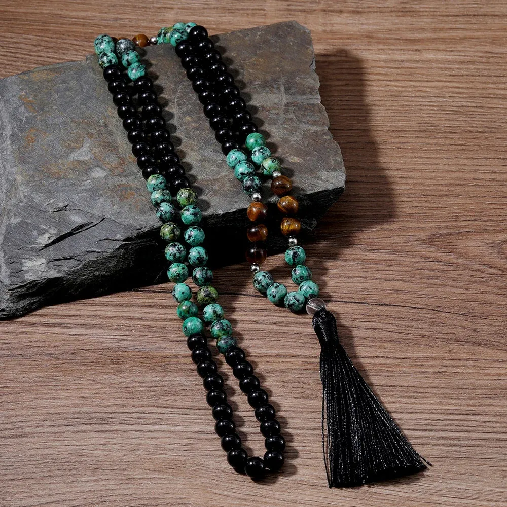8mm Natural Tiger Eye African Turquoise Black Agate Beaded Necklace