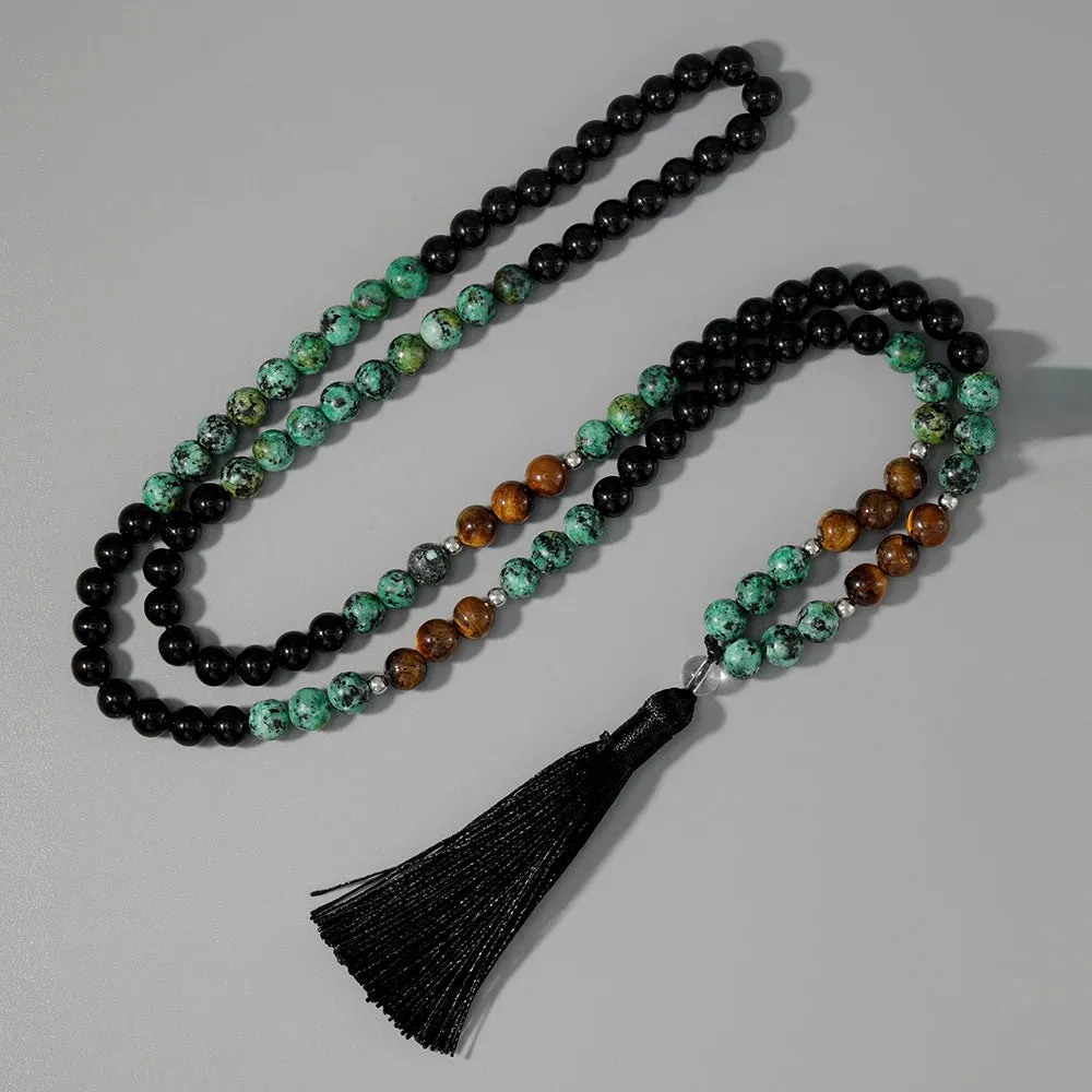 8mm Natural Tiger Eye African Turquoise Black Agate Beaded Necklace
