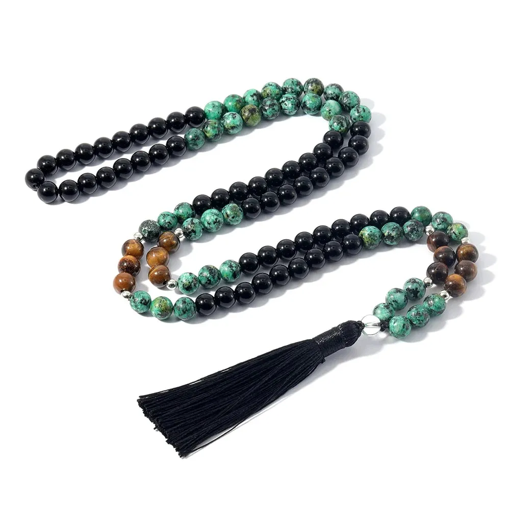 8mm Natural Tiger Eye African Turquoise Black Agate Beaded Necklace