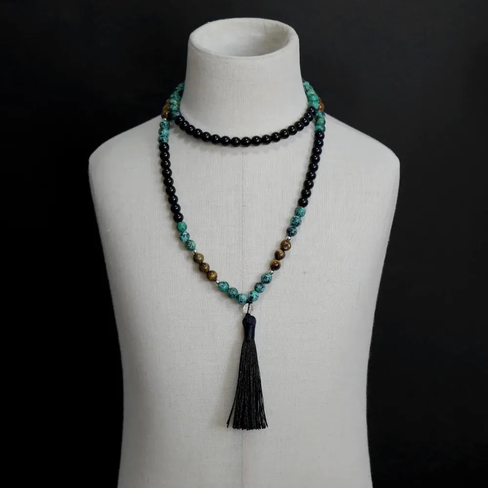 8mm Natural Tiger Eye African Turquoise Black Agate Beaded Necklace