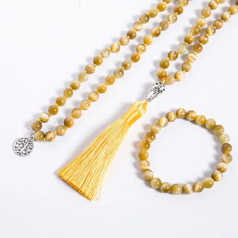 8mm Natural Tiger Eye Beaded 108 Mala Knotted Necklace Meditation