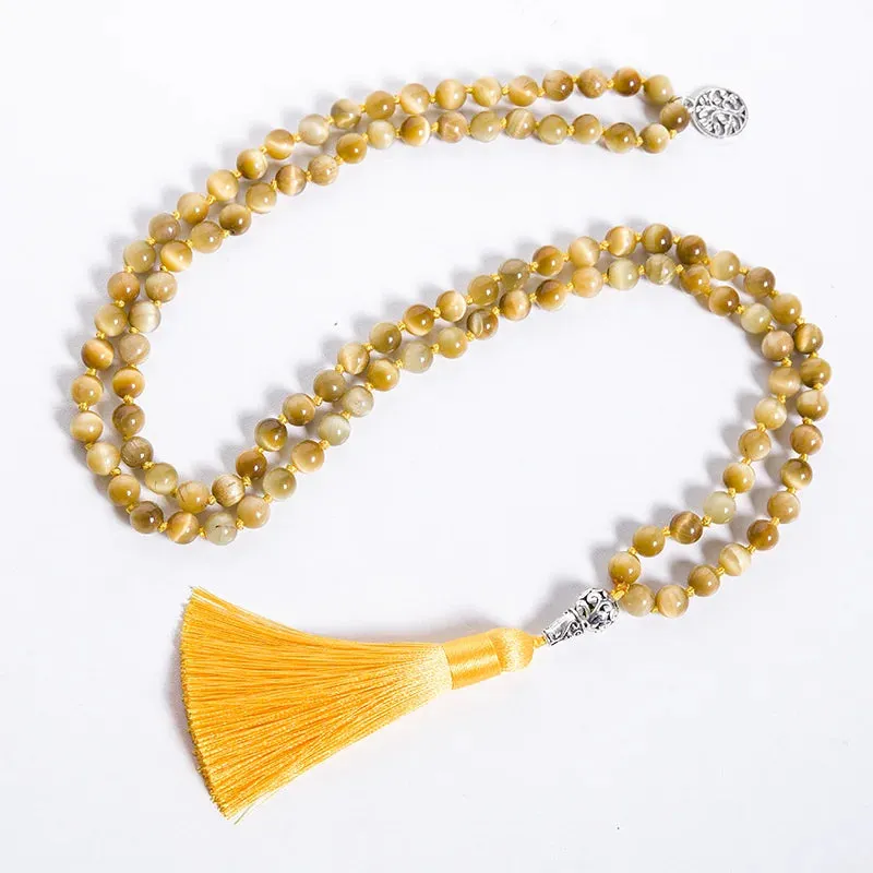 8mm Natural Tiger Eye Beaded 108 Mala Knotted Necklace Meditation