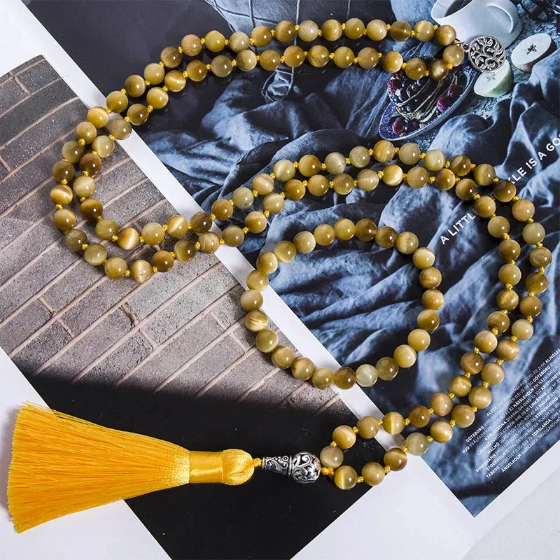 8mm Natural Tiger Eye Beaded 108 Mala Knotted Necklace Meditation