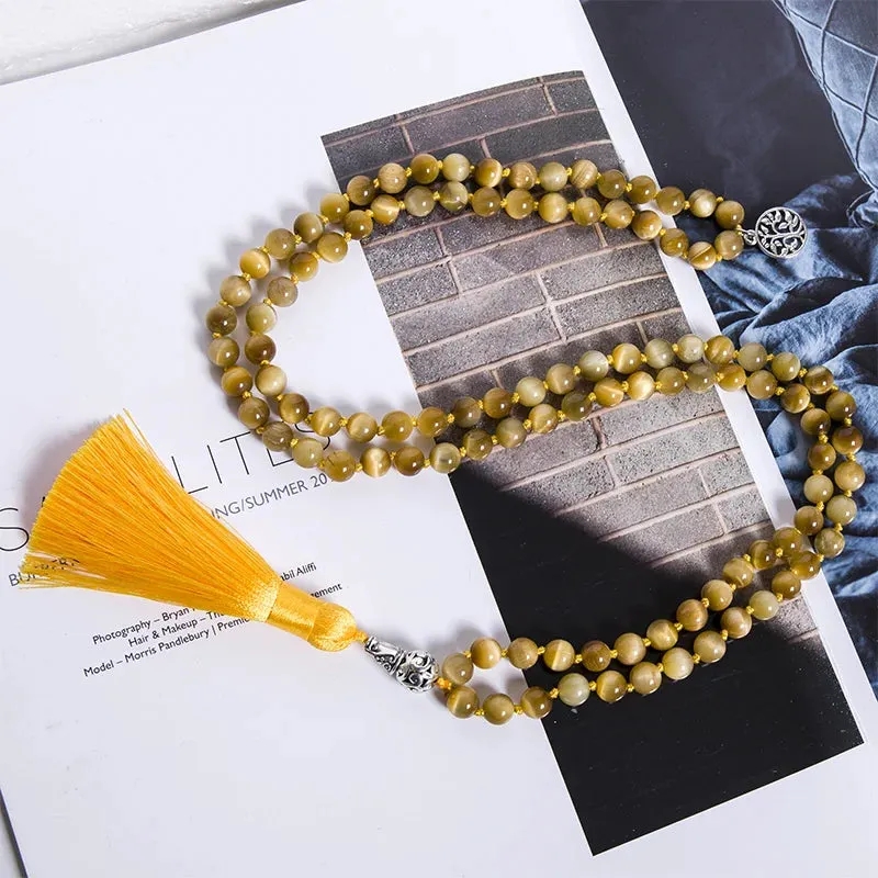8mm Natural Tiger Eye Beaded 108 Mala Knotted Necklace Meditation