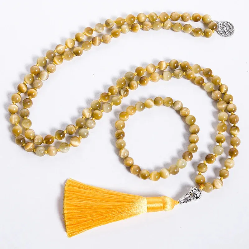 8mm Natural Tiger Eye Beaded 108 Mala Knotted Necklace Meditation