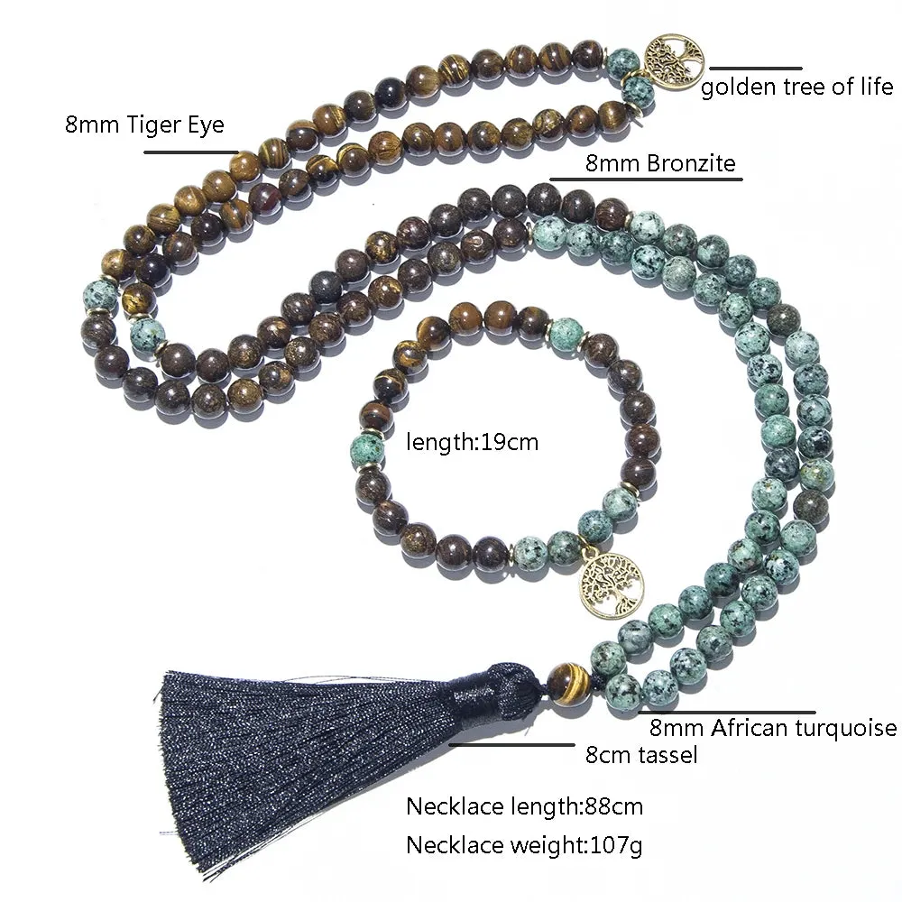 8mm Natural Tiger Eye Bronzite 108 Mala Beaded Necklace Meditation Yoga Prayer Rosary For Men Women