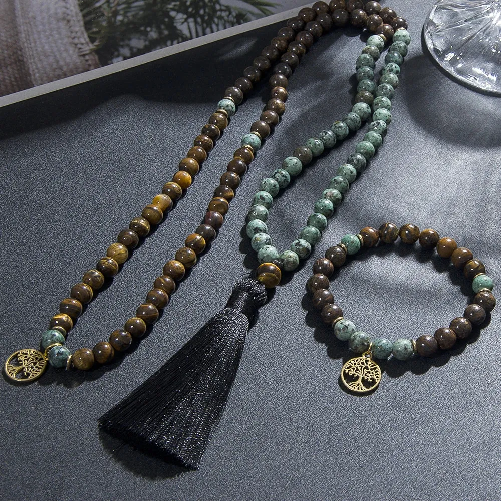 8mm Natural Tiger Eye Bronzite 108 Mala Beaded Necklace Meditation Yoga Prayer Rosary For Men Women