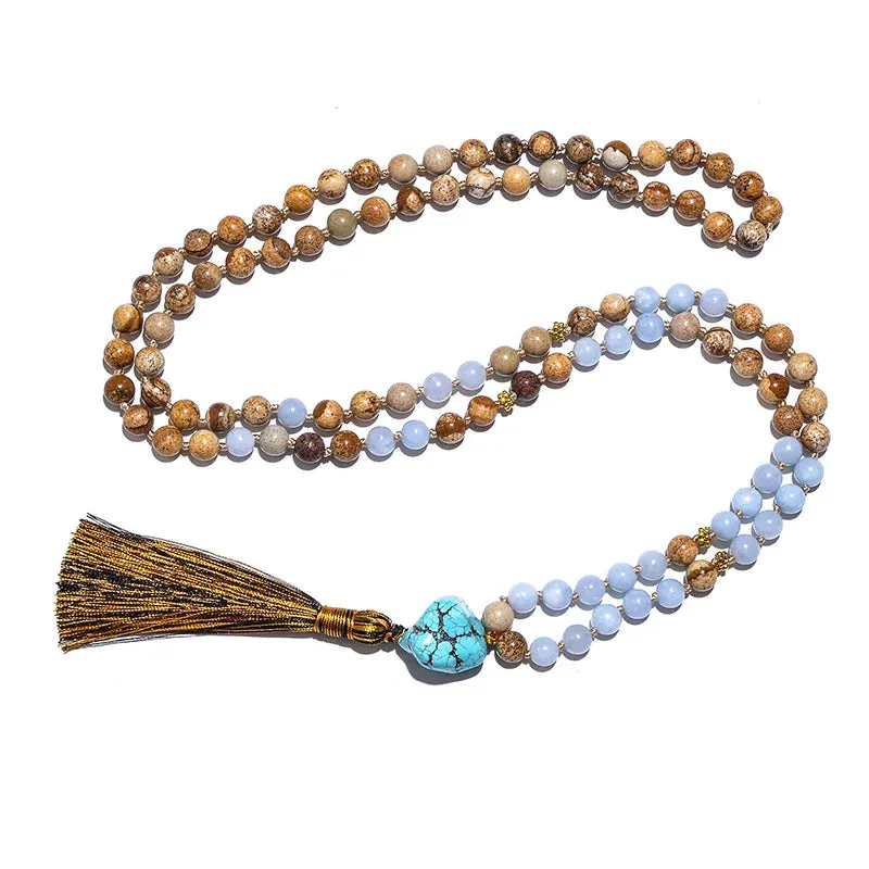 8mm Picture Jasper Beaded Knotted Japamala Necklace Bracelet Set Meditation