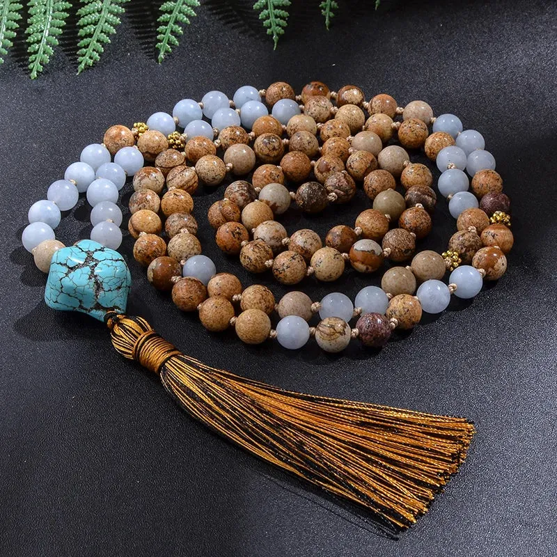 8mm Picture Jasper Beaded Knotted Japamala Necklace Bracelet Set Meditation