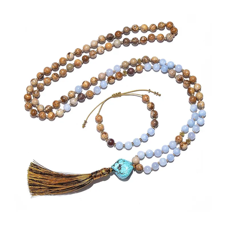 8mm Picture Jasper Beaded Knotted Japamala Necklace Bracelet Set Meditation