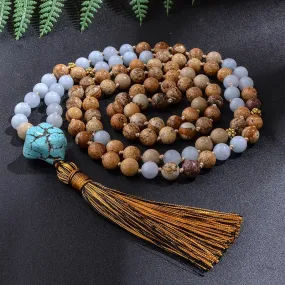 8mm Picture Jasper Beaded Knotted Japamala Necklace Bracelet Set Meditation