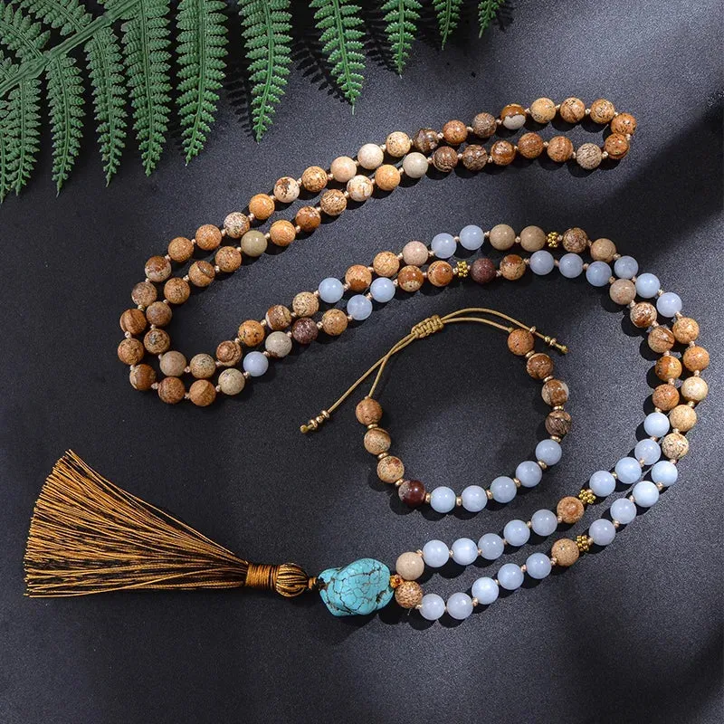 8mm Picture Jasper Beaded Knotted Japamala Necklace Bracelet Set Meditation