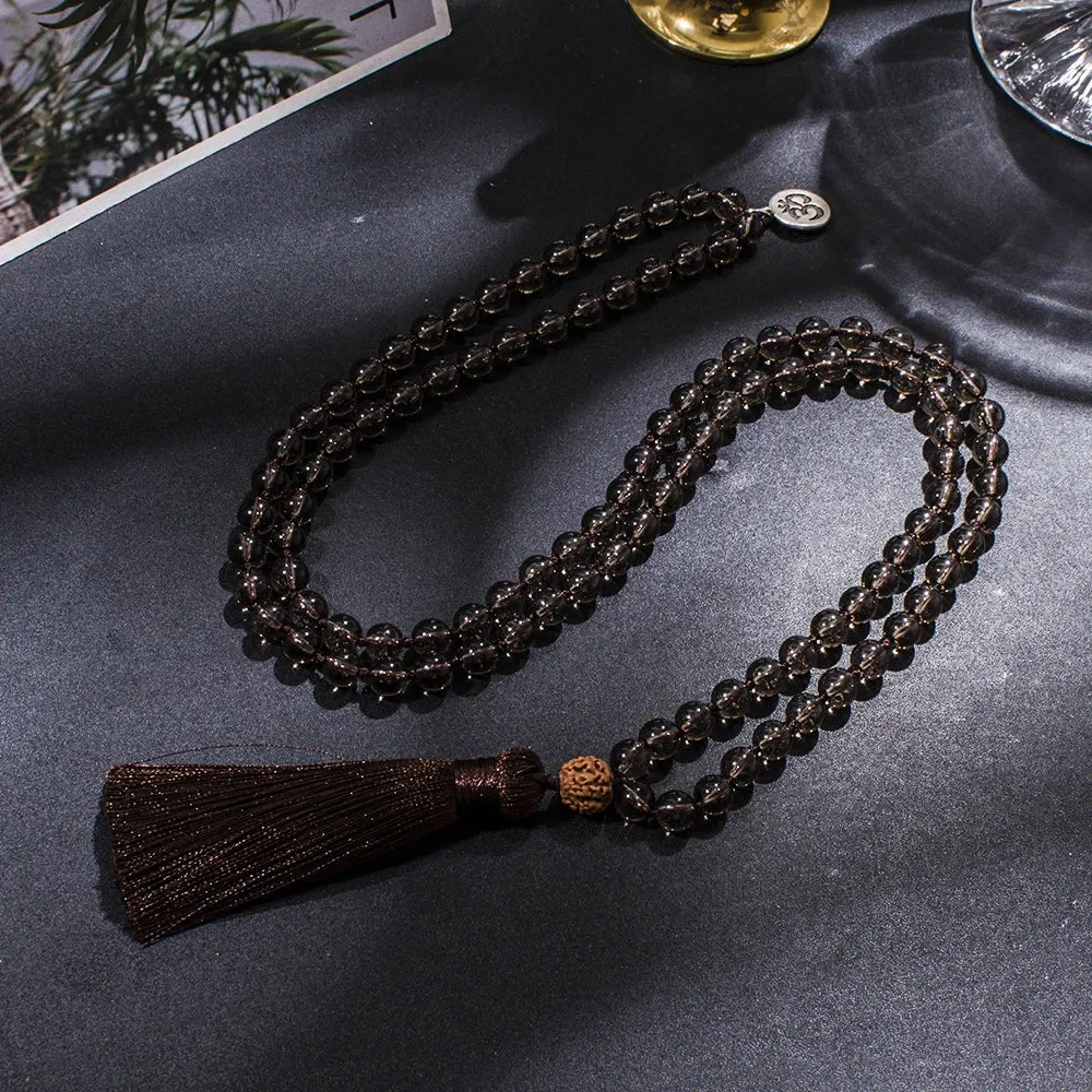 8mm Smoky Quartz Beaded Knotted 108 Mala Necklace Meditation Yoga Prayer Jewelry