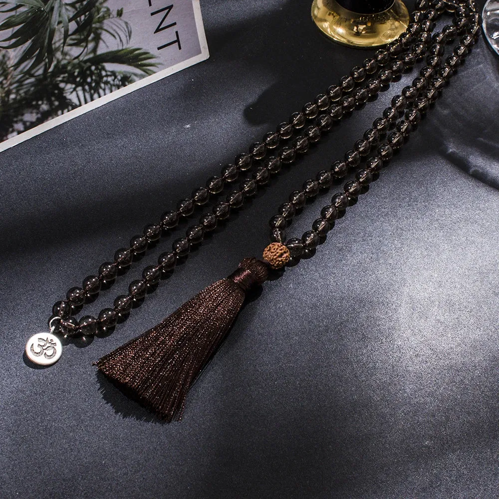 8mm Smoky Quartz Beaded Knotted 108 Mala Necklace Meditation Yoga Prayer Jewelry