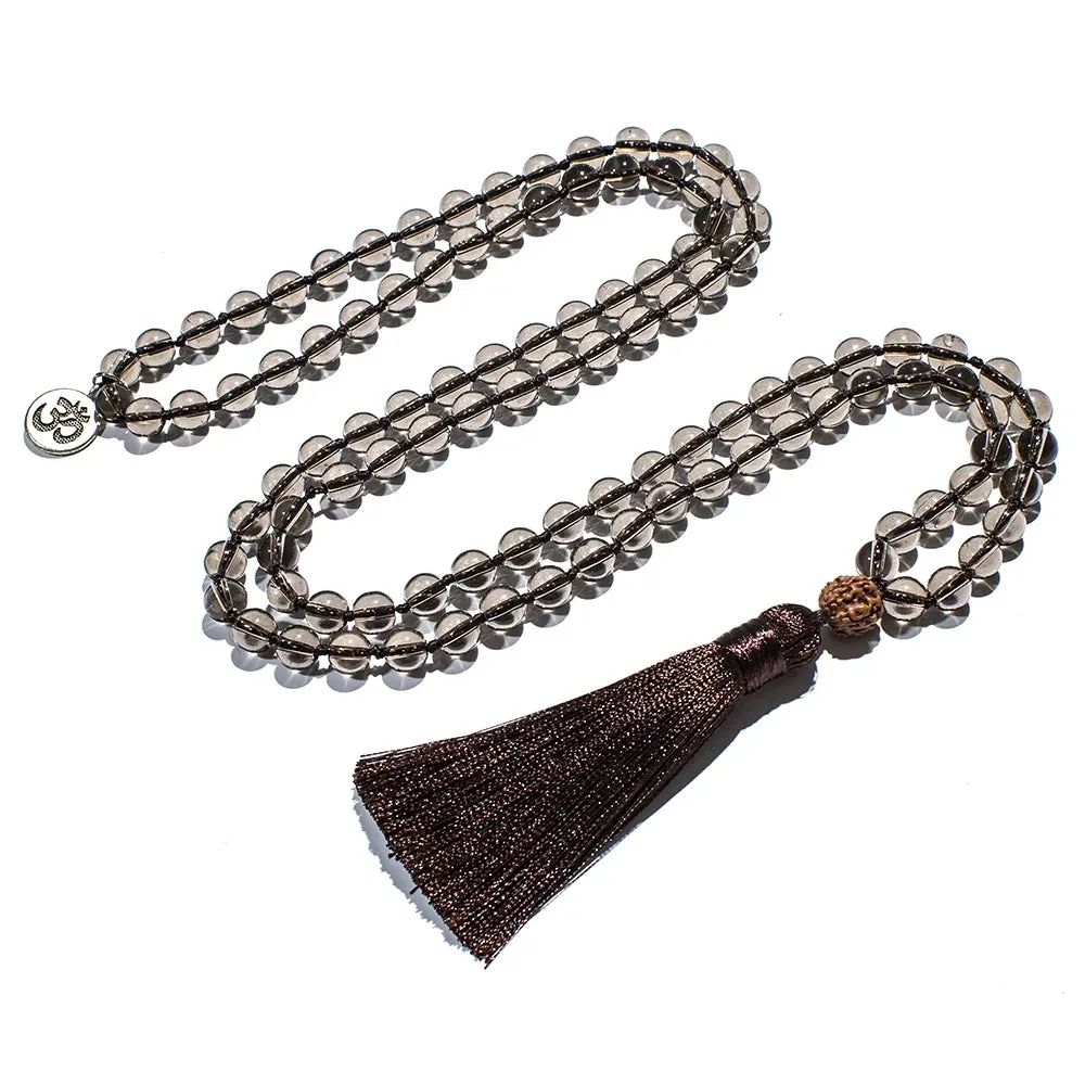 8mm Smoky Quartz Beaded Knotted 108 Mala Necklace Meditation Yoga Prayer Jewelry