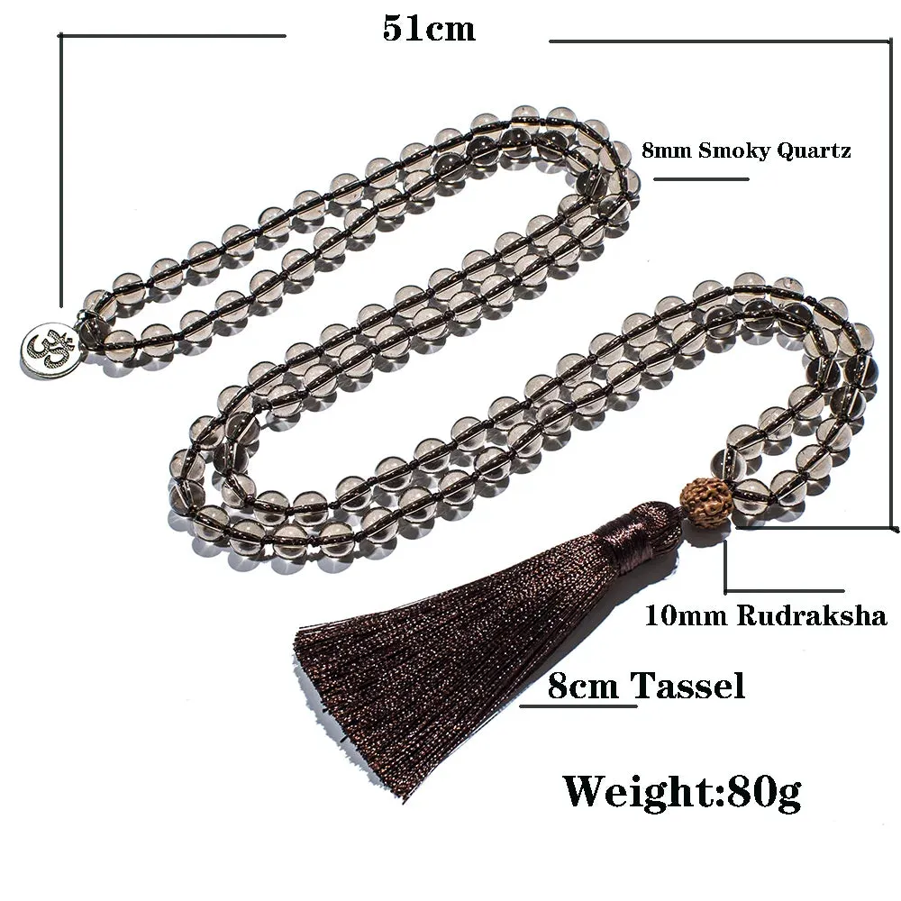 8mm Smoky Quartz Beaded Knotted 108 Mala Necklace Meditation Yoga Prayer Jewelry
