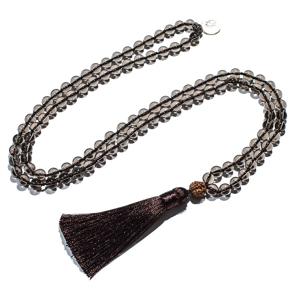 8mm Smoky Quartz Beaded Knotted 108 Mala Necklace Meditation Yoga Prayer Jewelry