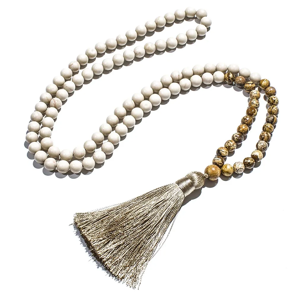 8mm White Fossil Picture Jasper Beaded 108 Mala Necklace Yoga Prayer Meditation Tassel Jewelry