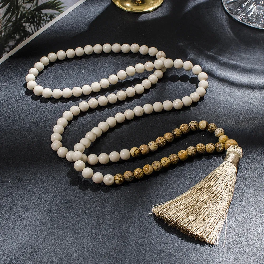 8mm White Fossil Picture Jasper Beaded 108 Mala Necklace Yoga Prayer Meditation Tassel Jewelry