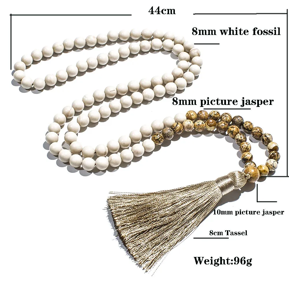 8mm White Fossil Picture Jasper Beaded 108 Mala Necklace Yoga Prayer Meditation Tassel Jewelry