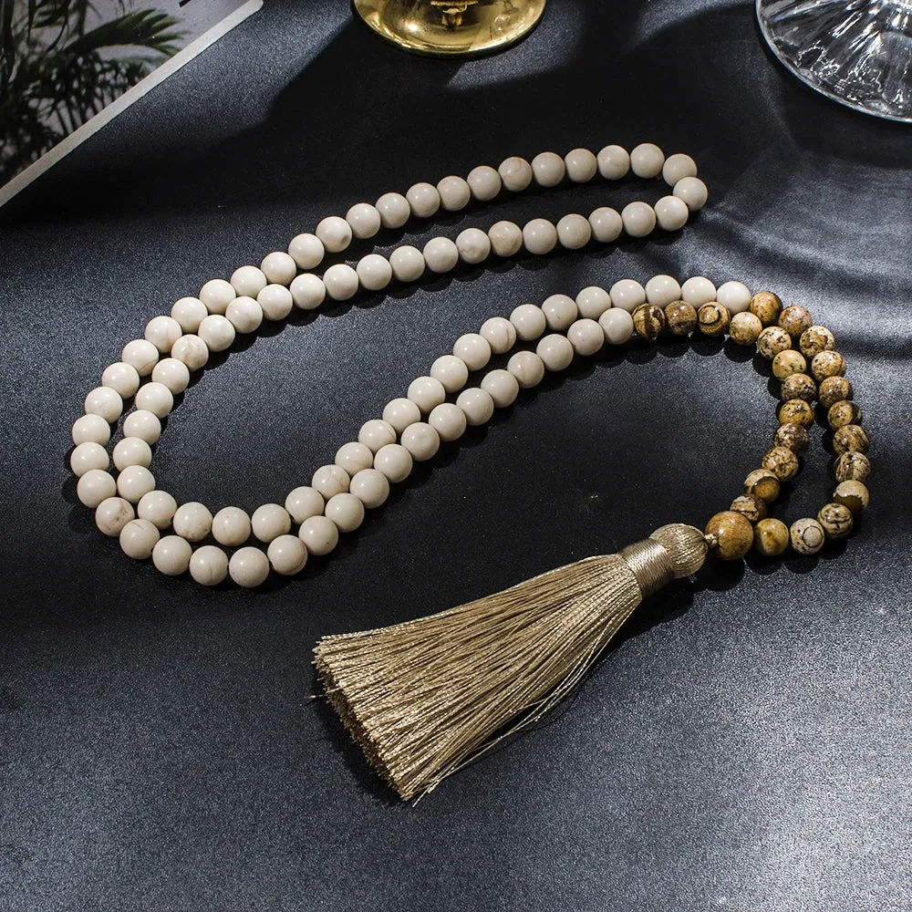 8mm White Fossil Picture Jasper Beaded 108 Mala Necklace Yoga Prayer Meditation Tassel Jewelry