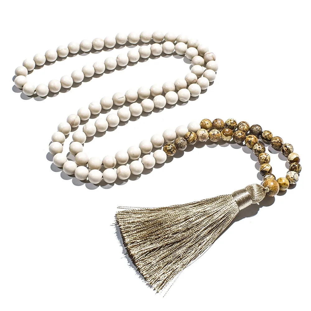 8mm White Fossil Picture Jasper Beaded 108 Mala Necklace Yoga Prayer Meditation Tassel Jewelry