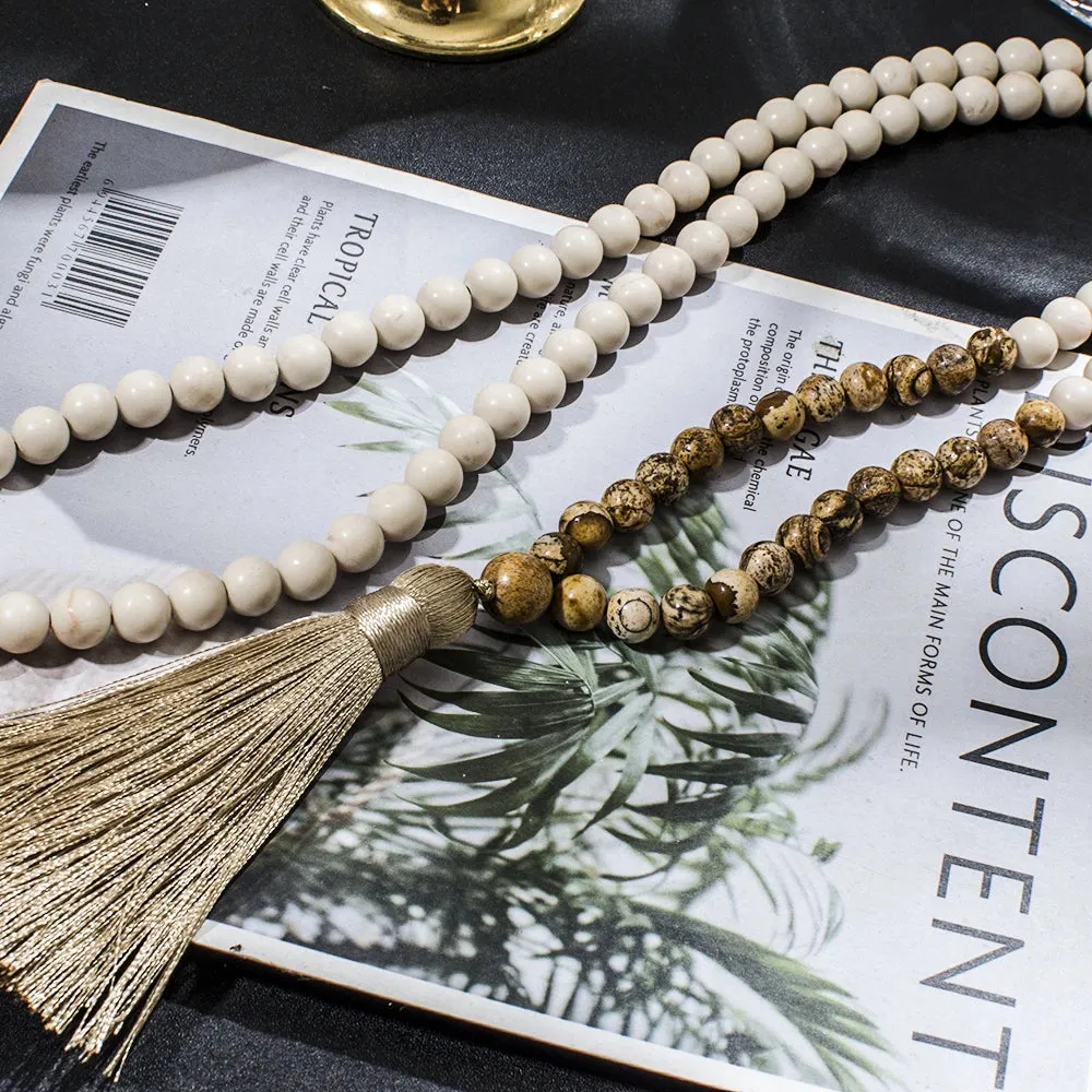 8mm White Fossil Picture Jasper Beaded 108 Mala Necklace Yoga Prayer Meditation Tassel Jewelry