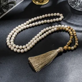 8mm White Fossil Picture Jasper Beaded 108 Mala Necklace Yoga Prayer Meditation Tassel Jewelry