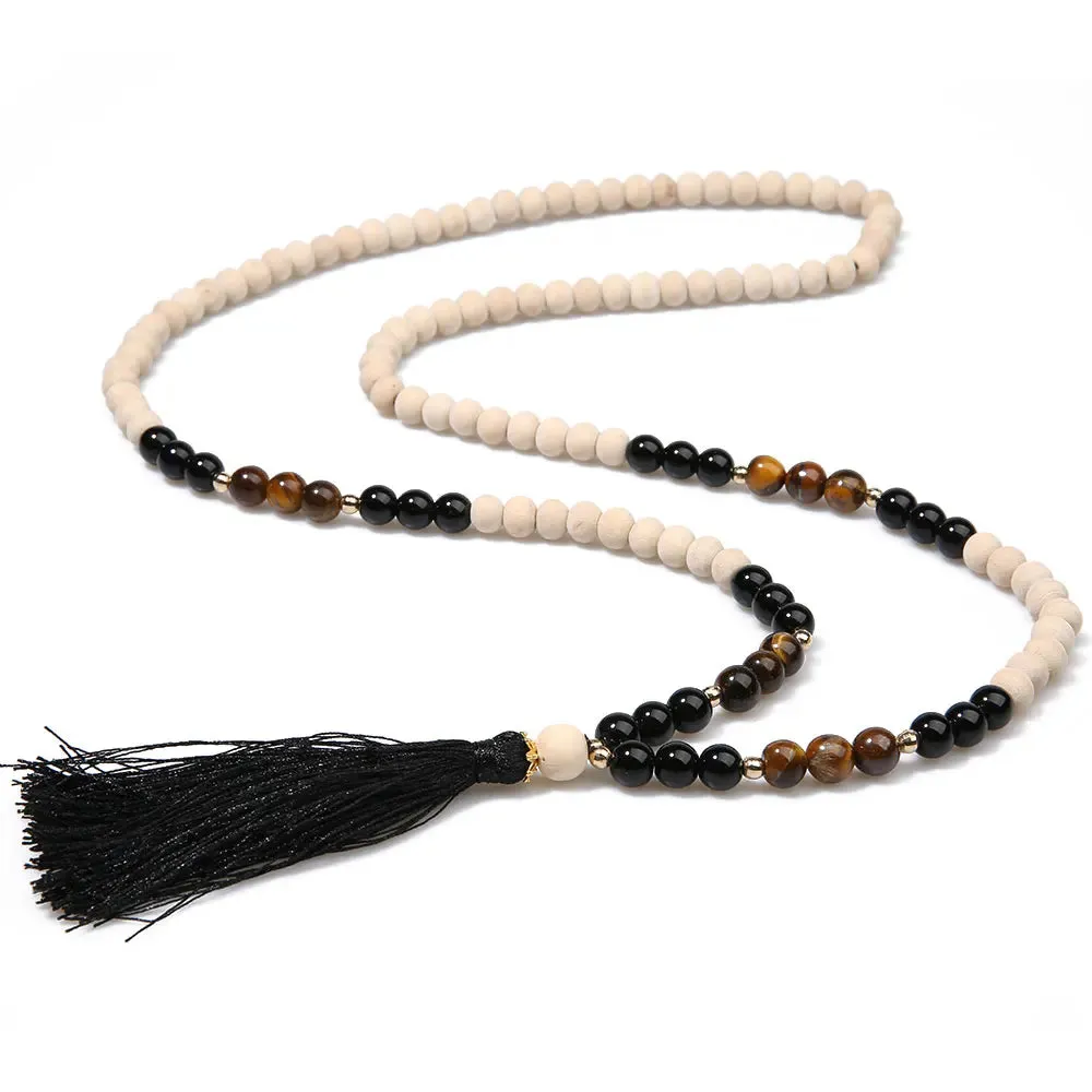 8mm Wooden Beads Yellow Tiger Eyes Black Onyx Beaded Necklace Meditation
