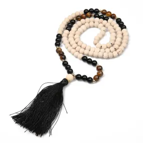 8mm Wooden Beads Yellow Tiger Eyes Black Onyx Beaded Necklace Meditation
