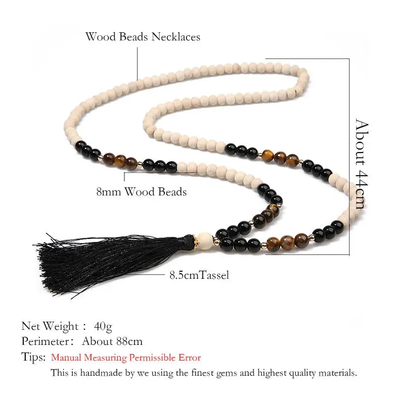 8mm Wooden Beads Yellow Tiger Eyes Black Onyx Beaded Necklace Meditation