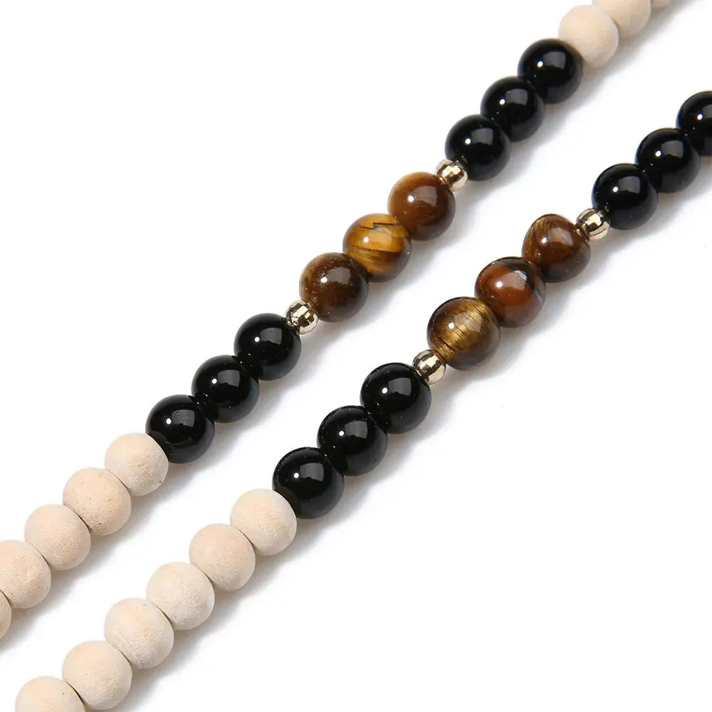 8mm Wooden Beads Yellow Tiger Eyes Black Onyx Beaded Necklace Meditation