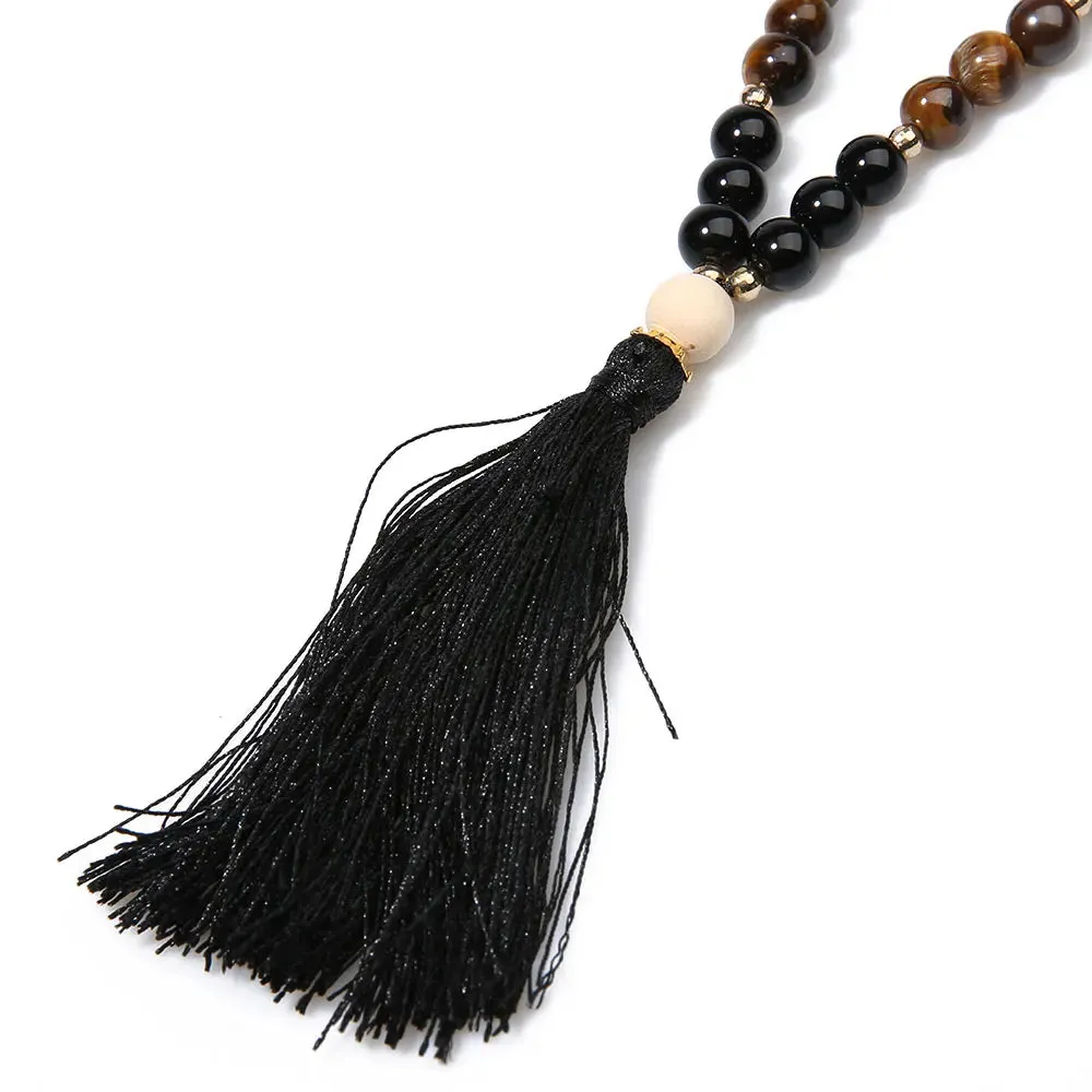 8mm Wooden Beads Yellow Tiger Eyes Black Onyx Beaded Necklace Meditation