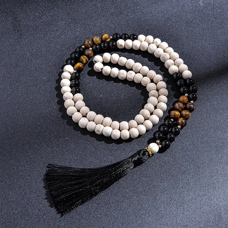 8mm Wooden Beads Yellow Tiger Eyes Black Onyx Beaded Necklace Meditation