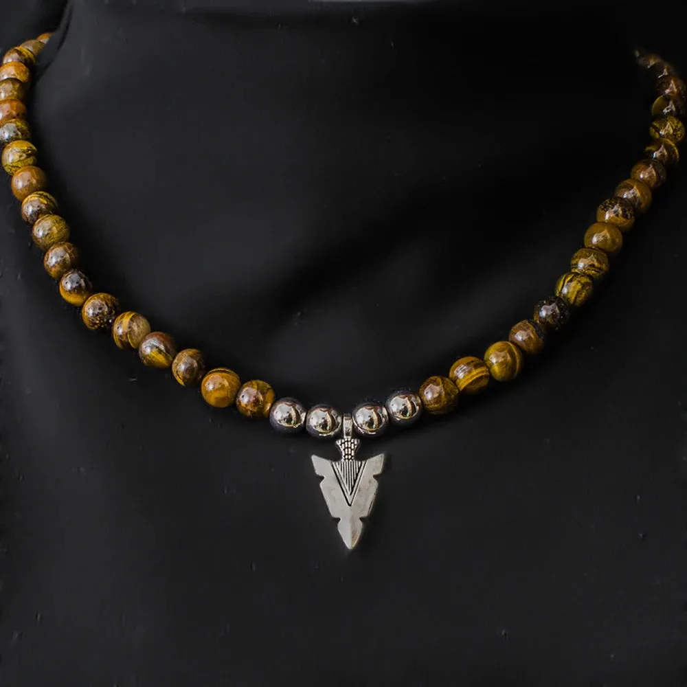 8mm Yellow Tiger Eye Beaded Elastic Rope Neckchain Arrow Pendant Men's Choker Necklace
