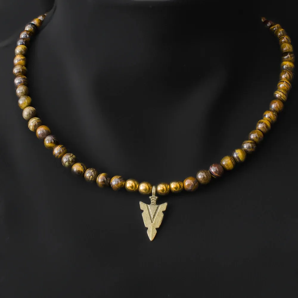 8mm Yellow Tiger Eye Beaded Elastic Rope Neckchain Arrow Pendant Men's Choker Necklace