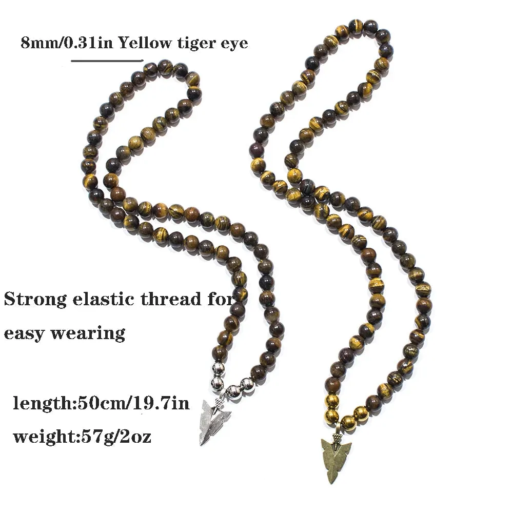 8mm Yellow Tiger Eye Beaded Elastic Rope Neckchain Arrow Pendant Men's Choker Necklace