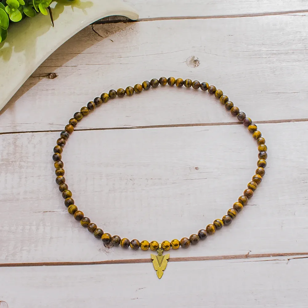8mm Yellow Tiger Eye Beaded Elastic Rope Neckchain Arrow Pendant Men's Choker Necklace