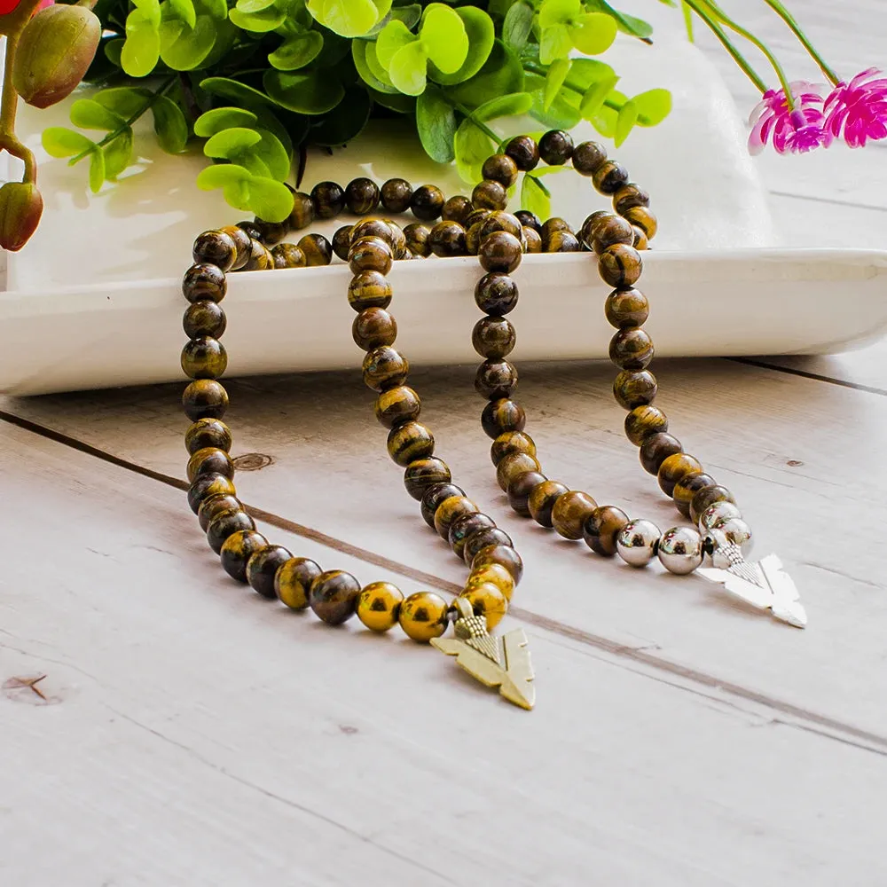 8mm Yellow Tiger Eye Beaded Elastic Rope Neckchain Arrow Pendant Men's Choker Necklace