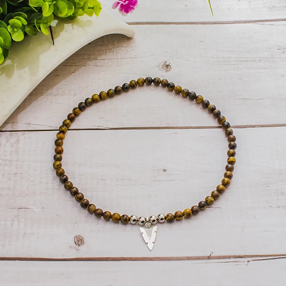 8mm Yellow Tiger Eye Beaded Elastic Rope Neckchain Arrow Pendant Men's Choker Necklace