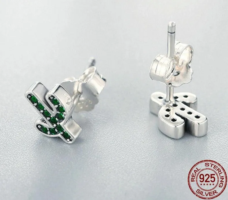 925 Sterling Silver Green Cactus Stud Earrings, Green Crystal Stud Earrings, Plant Earrings