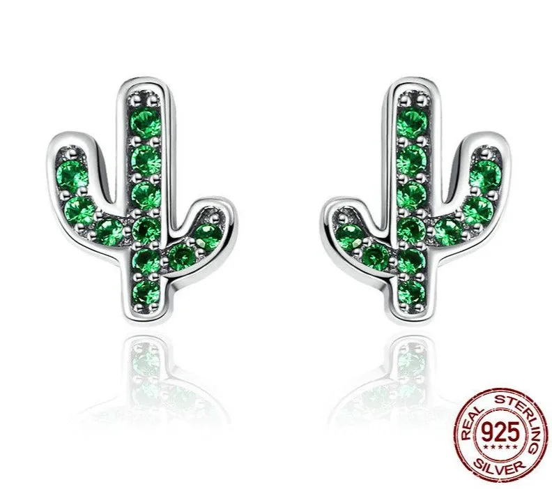 925 Sterling Silver Green Cactus Stud Earrings, Green Crystal Stud Earrings, Plant Earrings