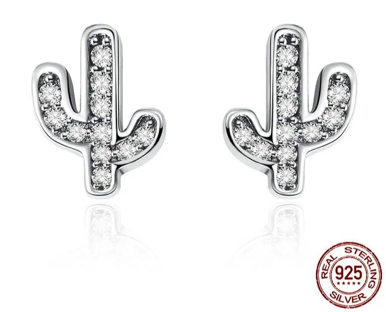 925 Sterling Silver Green Cactus Stud Earrings, Green Crystal Stud Earrings, Plant Earrings