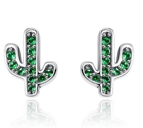 925 Sterling Silver Green Cactus Stud Earrings, Green Crystal Stud Earrings, Plant Earrings