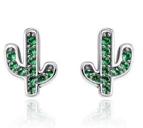 925 Sterling Silver Green Cactus Stud Earrings, Green Crystal Stud Earrings, Plant Earrings