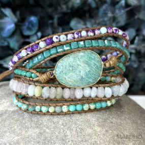 Amazonite 5 Wrap Vegan Leather Boho Bracelet Hippie Jewelry