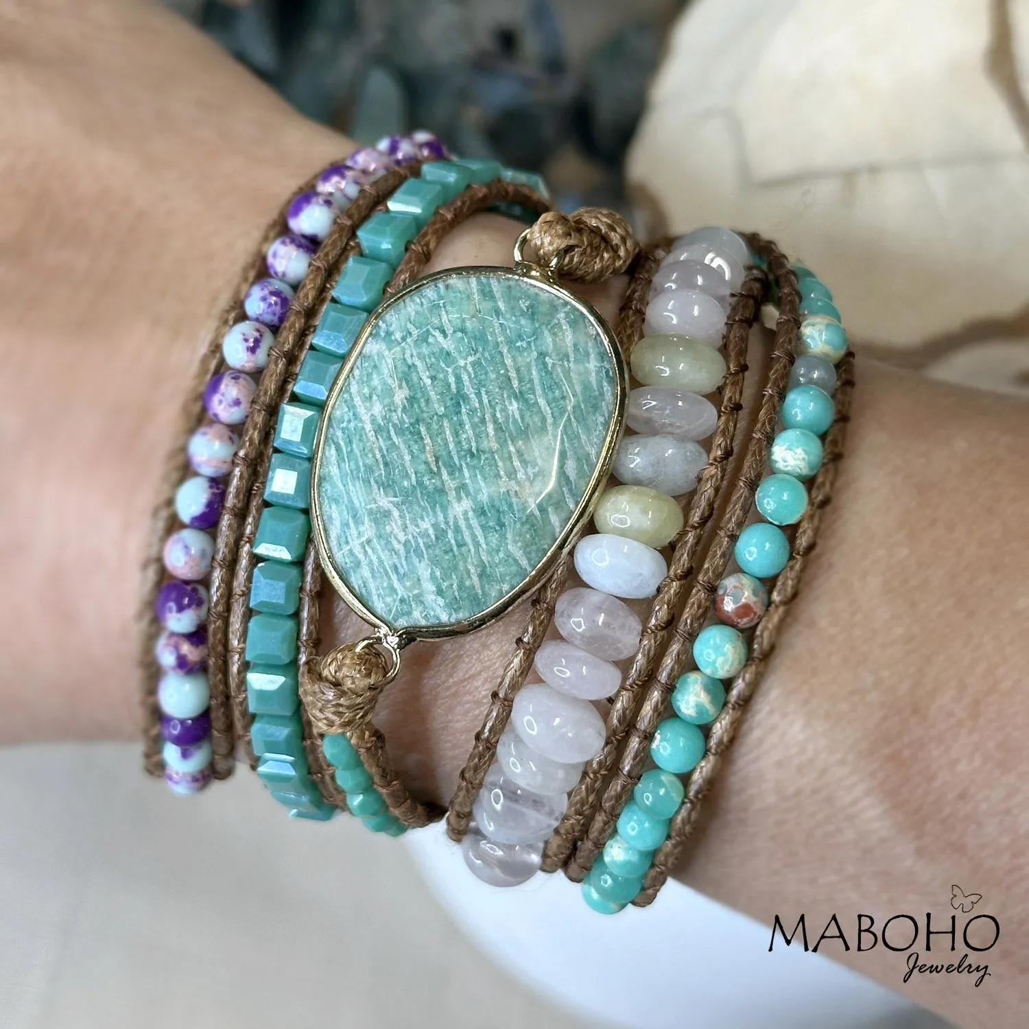 Amazonite 5 Wrap Vegan Leather Boho Bracelet Hippie Jewelry