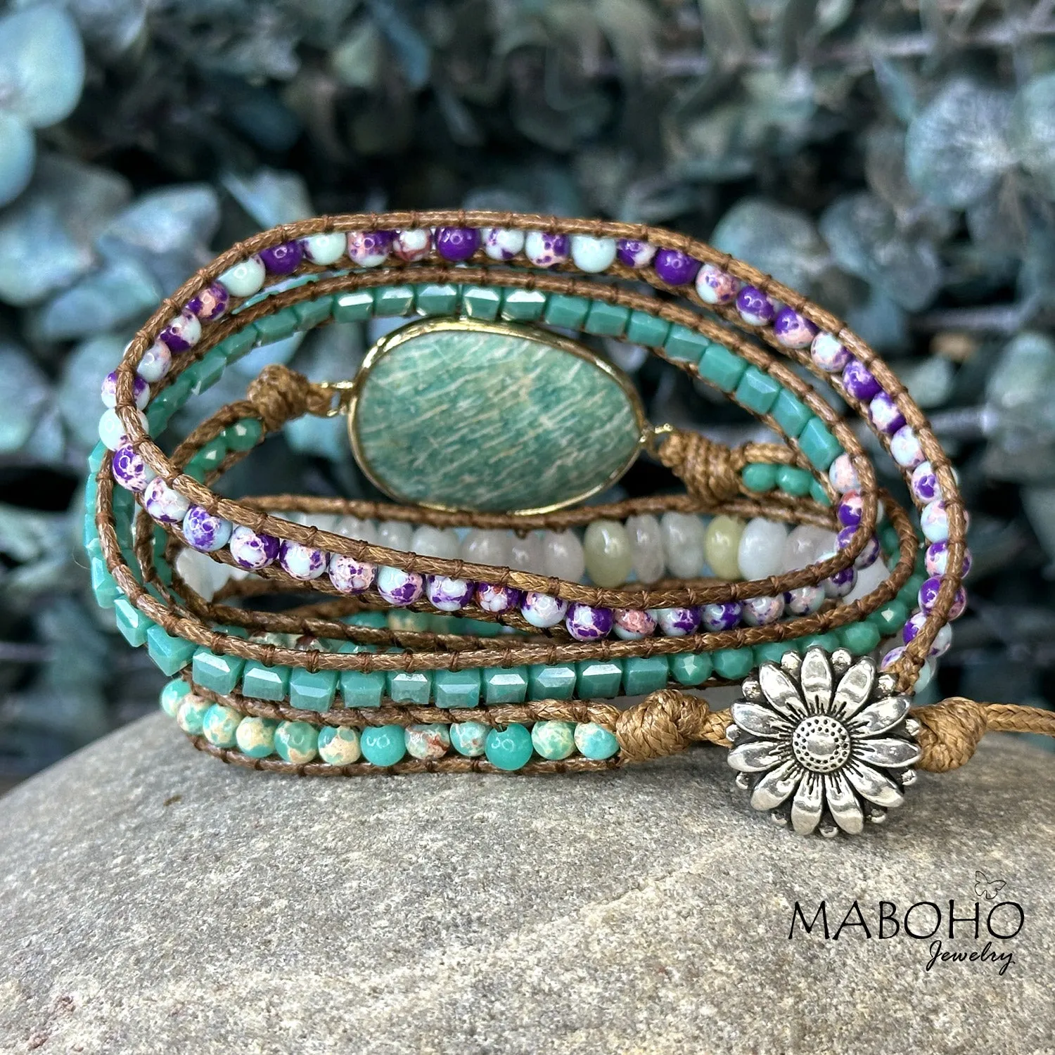 Amazonite 5 Wrap Vegan Leather Boho Bracelet Hippie Jewelry