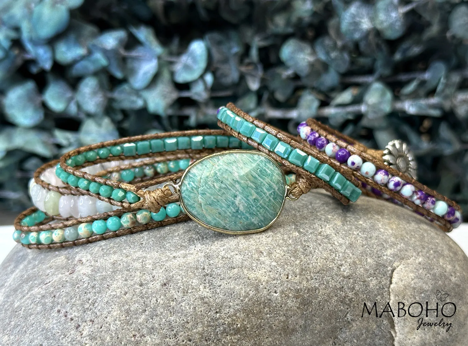 Amazonite 5 Wrap Vegan Leather Boho Bracelet Hippie Jewelry