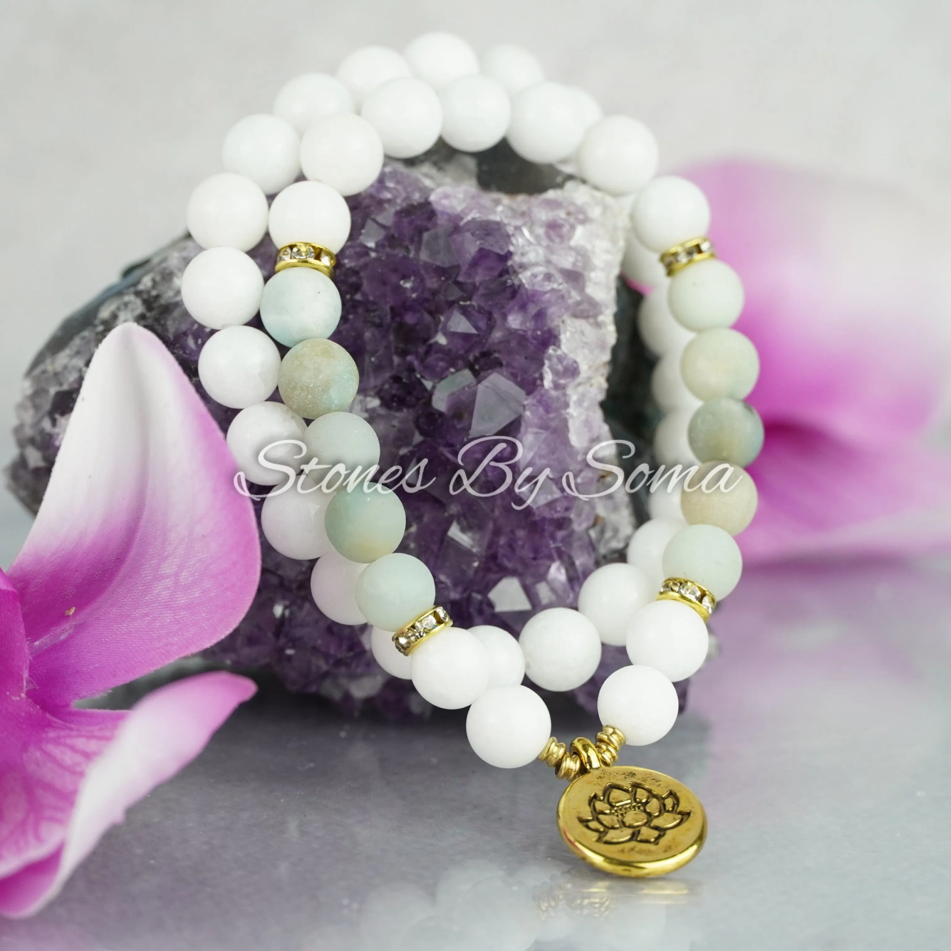 Amazonite & Agate Lotus Charm Set (Calming Energy)